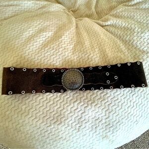 Express women’s leather belt with statement buckle dark brown made in Italy Sz L